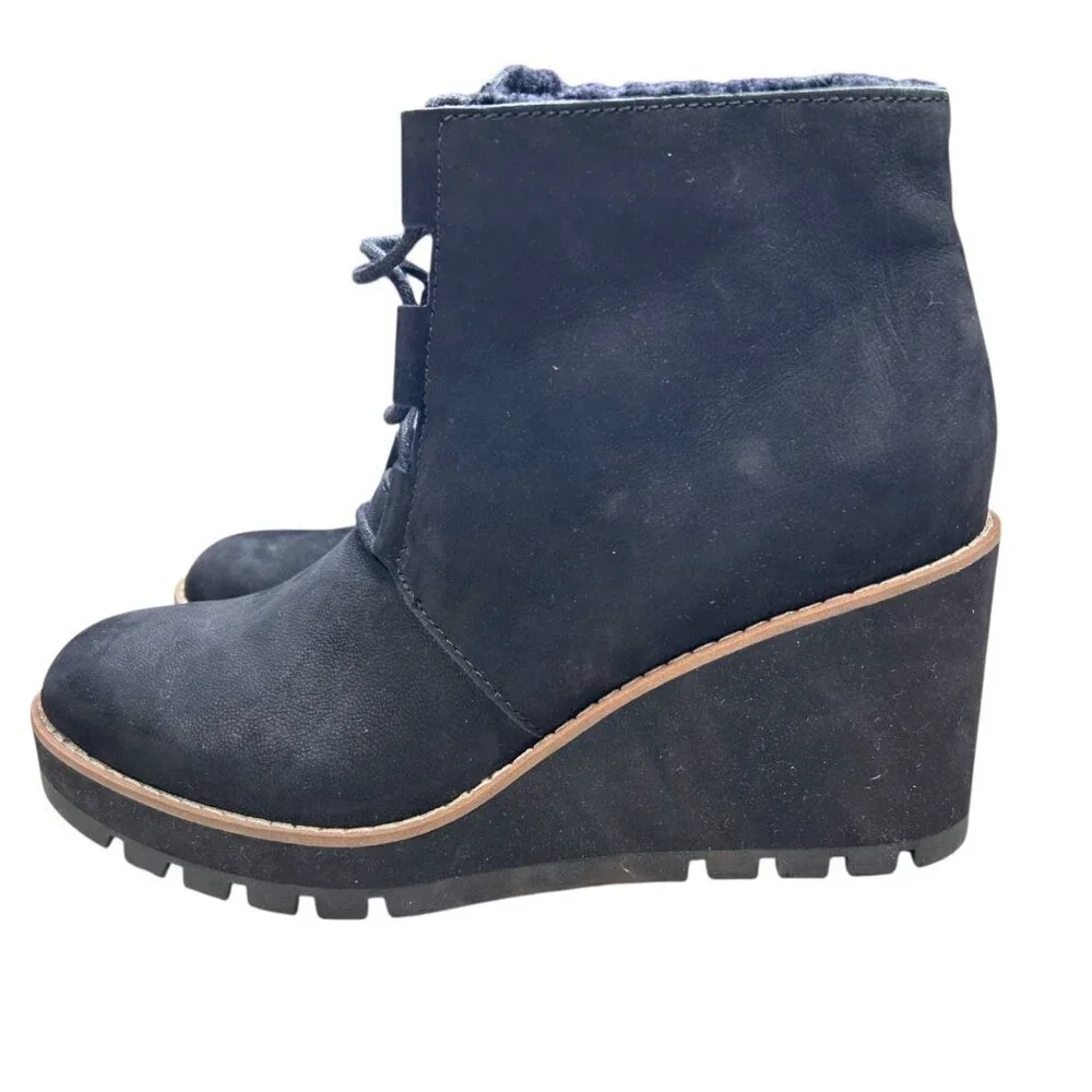 Eileen Fisher Alpine Wedge Suede Shearling Boot 8.5 Lace Up Black Cabincore Cozy